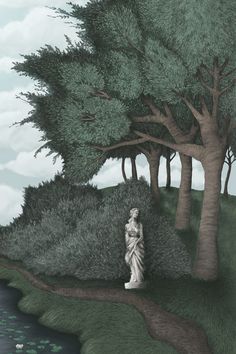 a drawing of a statue in the middle of a forest next to a body of water