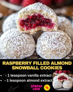 Raspberry Filled Almond Snowball Cookies Almond Snowball Cookies, Sugar Cookie Recipe For Decorating, Almond Cookie, Almond Meal Cookies, Christmas Food Treats, Cake Mug, Raspberry Cookies, Jam Cookies