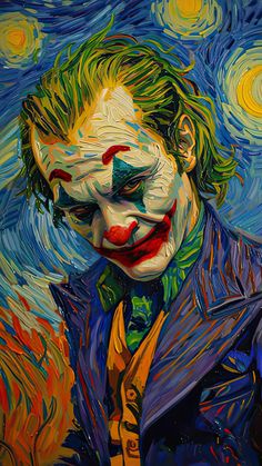 a painting of the joker in front of a starry night sky with yellow and blue lights