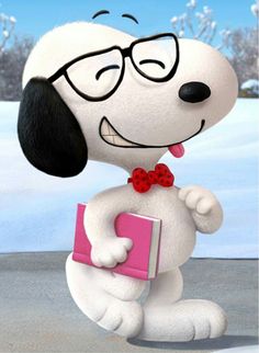 a cartoon dog wearing glasses and holding a book in its paws with snow on the ground behind it