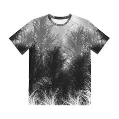 Men's Polyester Tee (AOP) with Dark Forest Pattern- Original Art in Black and White  .The vibrant yet tranquil  all over print decorates both the front and the back of this tee making it an instant standout in anyone's wardrobe. Made with 100% silky smooth, brushed polyester, these t-shirts are comfy, and designed to be shrink and fade-resistant. All panels are cut and sewn together by skilled artisans for picture-prefect printing and excellent fit.  .: Material: 100% brushed polyester .: Light Artistic Black Printed Top, Artistic Black Tops With Relaxed Fit, Artistic Printed Black Top, Artistic Black Top With Relaxed Fit, Black Crew Neck Top With Abstract Print, Black Crew Neck Tops With Exclusive Print, Black Cotton T-shirt With Digital Print, Black Cotton Top With Exclusive Print, Black Crew Neck T-shirt With Digital Print