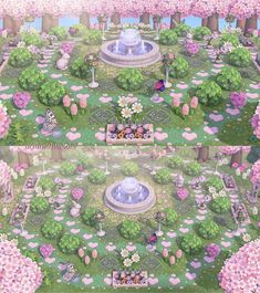 the garden is full of pink flowers and trees, with a fountain in the middle