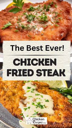 the best ever chicken fried steak with parmesan cheese and herbs on top is shown