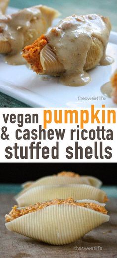 vegan pumpkin and cashew ricotta stuffed shells on a white plate with text overlay