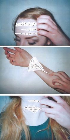 two pictures of a woman with her hands on her face and writing on her arm