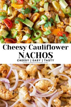 cheesy cauliflower nachos with onions and avocado