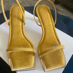 Mustard Yellow Suede (Brand New)! Standout Square Toe One Band Sandal With Halter Back Strap 60mm/2.36 Inch Heel Chic Yellow Block Heel Sandals, Trendy Yellow Sandals For Evening, Yellow Low Heel Evening Heels, Mustard High Heels For Summer, Mustard Open Toe Heels For Summer, Trendy Yellow Low Heels, Good American, Back Strap, Mustard Yellow