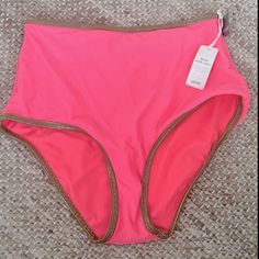 Nwt! Hygienic Liner Attached! Aerie High-Waisted Full Coverage Neon Pink W/Gold/Copper Trim Bikini Bottoms!! Run True To Size. Sz Large 80% Nylon 20% Nylon High Waist Pink Tankini For Pool, Pink High Waist Tankini For Beachwear, High Waist Pink Tankini For Beach, High Waist Pink Tankini Beachwear, High Waist Pink Summer Tankini, Pink Stretch High Waist Swimwear, Pink High Waist Stretch Swimwear, High Waist Pink Stretch Swimwear, Aerie Swimwear