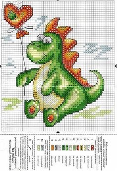 a cross stitch pattern with a green dragon holding a heart shaped balloon in it's mouth