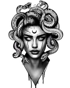 a drawing of a woman with snakes on her head