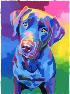 a colorful painting of a dog with blue eyes and yellow nose, on a purple background