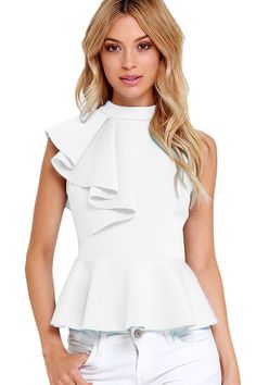 White Asymmetric Ruffle Side Peplum Top डिजाइनर कपड़े, Blue Peplum Top, Sleeveless Peplum Top, Blue Top, Lany, Look Fashion, Blouse Designs