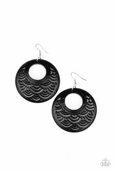 Tropical Canopy - Black Brushed in a distressed black finish, a round wooden frame is stenciled into an airy pattern for a seasonal look. Earring attaches to a standard fishhook fitting. Sold as one pair of earrings. Tropical Canopy, Black Earring, Jewelry Images, Paparazzi Accessories, Wooden Earrings, Black Earrings, Paparazzi Jewelry, Bracelet Collection, Brass Earrings