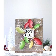 a card with some fruit on it and the words joyful written in white letters