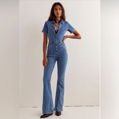 Questions? Leave A Comment Below! Flare Jumpsuit, Flare Denim Jeans, Denim Boots, Free People Denim, Free People Pants, Jeans Jumpsuit, Denim Flares, Zip Up, Jumpsuits For Women