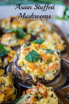 baked stuffed mushrooms with cheese and herbs on a platter, ready to be eaten