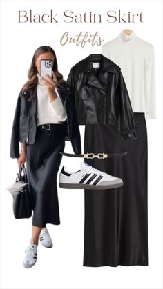 Black Satin Skirt Outfit, Black Satin Skirt, Satin Skirt Outfit, Adidas Samba Outfit, Black Skirt Outfits, Chique Outfit, Summer Work