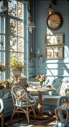 a table and chairs in front of a window with a clock on the wall behind it