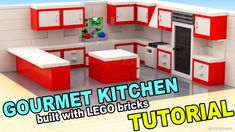 a kitchen with red cabinets and white counter tops is featured in the video game gourmet kitchen built with lego blocks