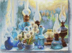 a painting of vases and flowers on a window sill