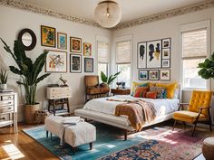 a bedroom with white walls and lots of pictures on the wall