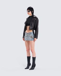 The perfect fit for asserting your dominance 😏 Take them for a wild ride in this chic and edgy three-piece set featuring a vintage black cropped jacket, a black turtleneck cropped jacket, and a denim mini skirt 🖤 Chic Fitted Mini Skirt For Streetwear, Chic Crop Top For Club In Fall, Edgy Spring Mini Skirt, Chic Fall Crop Top For Club, Fitted Punk Crop Top For Fall, Punk Style Fitted Crop Top For Fall, Edgy Spring Club Outerwear, Trendy Fitted Mini Skirt For Streetwear, Fall Punk Style Fitted Crop Top