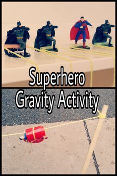 two pictures with the words superhero gravity activity on them and an image of toy figures