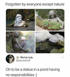 four different pictures of statues with caption that reads, forgotten by everyone except nature oh to be a statue in a pond having no respon