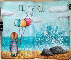 an open book with a drawing of a girl holding balloons and the words i'll miss you sea