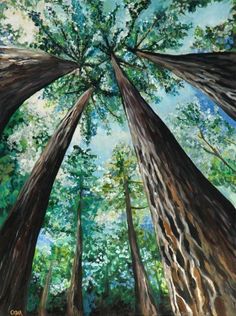 a painting of trees in the forest looking up