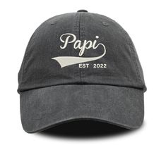 "Customize this Papi hat with that special person's \"established\" year, to celebrate them. This listing includes a high-quality embroidered hat with your personalized Est year, in the hat and thread color of your choice. Hat Features: -100% cotton twill -Six-panel, low-profile, -Pigment dyed and garment washed -Leather strap, antique brass buckle and grommet -Four rows of stitching on self-fabric sweatband -Dyed-to-match cotton taping -Preformed bill and sewn eyelets -Cool-Crown Mesh Lining is Poppy Hat, Personalized Hats, Honeymoon Gifts, First Fathers Day Gifts, Mom Hats, Hat Custom, Uncle Gifts, Embroidered Hat, First Fathers Day