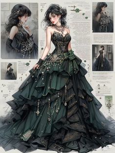 Slytherin Dresses, Fantasy Dress Design, Coronation Gown, Dreamy Gowns, Fantasy Dresses, Fashion Drawing Dresses, Dress Design Sketches, Fashion Illustration Dresses