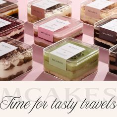 there are many different desserts in plastic containers on the table with words that read time for tasty travels