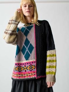 Color: black multi    alpaca blend    fit: true to size | oversized relaxed with a drop shoulder    care: dry clean    made in peru Patchwork Crewneck, Upcycled Sweaters, Peter Beard, Maximalist Fashion, Upcycled Sweater, Breton Stripes, Lauren Hutton, A Muse, Ivory Sweater