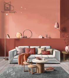 a living room filled with lots of furniture next to a wall painted in pink and orange