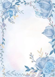 blue roses and leaves are arranged in a square frame on a watercolor painted background