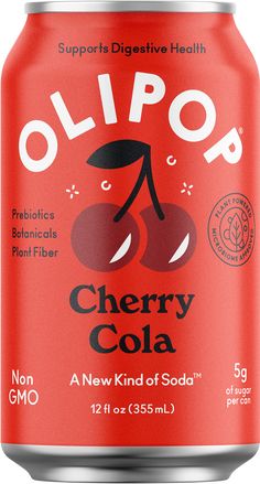 Cherry Cola OLIPOP Cherry From Words Bubble Up Like Soda Pop, Soda Graphic Design, Vintage Cola, Cherry Soda, Poppi Soda Branding, Slippery Elm Bark, Healthy Soda, Cherry Coke Can, Tart Cherry Juice