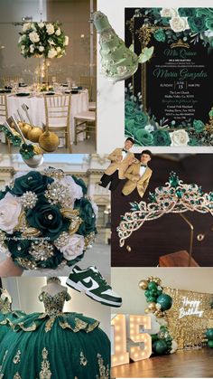 green and gold wedding decor with white flowers