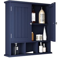 a blue cabinet with some bottles and soaps on the top shelf next to it