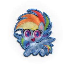 an embroidered patch with a rainbow pony on it