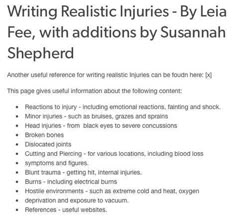 a white poster with the words writing realistic injuries - by - leiia fee, with additional