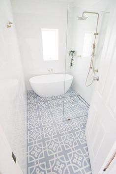 a white bath tub sitting next to a walk in shower