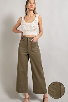 Soft washed wide leg pants with button closure and two front pockets. Can also be worn with a belt. Pair with your favorite top and booties! Available in sizes small through 2X. Size guide in photos. Wide Leg Crop Pants Outfit, Olive Jeans, Olive Pants, Body Proportions, Pretty Clothes, Colored Pants, Romper Dress, Sheer Fabric, Cropped Style