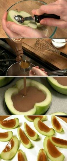 the process of making an avocado dish is shown in three different stages, including being cut and sliced