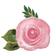 a pink rose shaped paper plate with green leaves on the side and one flower in the middle