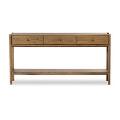 an oak console table with two drawers on one side and a shelf underneath the other