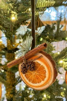 an ornament hanging from a christmas tree decorated with orange slices and cinnamon sticks