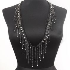 Bcbg Necklace Black Leather Fringe Beaded Add A Modern Twist To Your Look! New With Tag Gunmetal Toned Black Leather Long Drop Chain Fringe Beaded Boho Style Bohemian Hippie Rocker Women’s Statement Fashion Dainty Body Jewelry Ref Jw5 Shoulder Necklace, Chainmail Jewelry, Chain Fringe, Statement Fashion, Bohemian Hippie, Necklace Black, Leather Fringe, Hippie Bohemian, Leather Chain