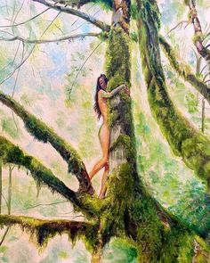 a painting of a woman standing on a mossy tree