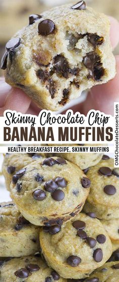 Banana bread with chocolate!  These Soft and moist Banana Muffins  are healthy and skinny breakfast for a little indulgence. Moist Banana Muffins, Banana Bread With Chocolate, Chocolate Chip Banana Muffins, Bread With Chocolate, Healthy Banana Muffins, Muffins Healthy, Banana Chocolate Chip Muffins, Healthy Banana